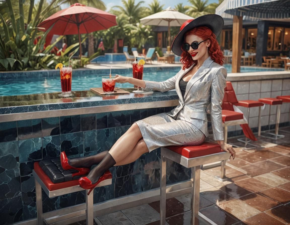 Glamorous Woman in Wet Suit at Pool Bar