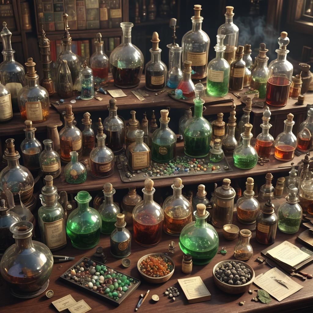 Alchemy Potions Still Life in Realistic Style