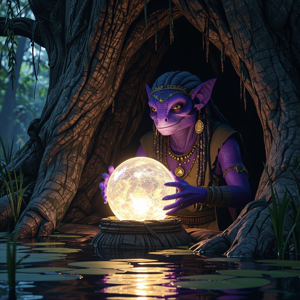 Mystical Lizard Fortune Teller in Ancient Tree Hut
