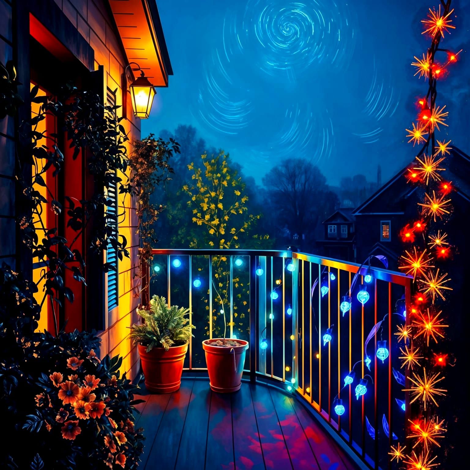 Balcony at Night with Fiber Optic Lights