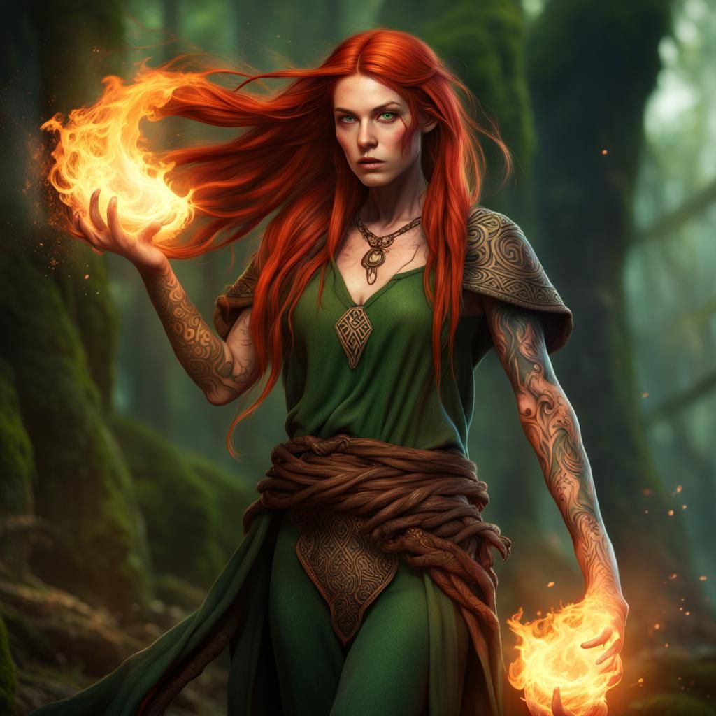 Wildfire Druid with Fire Magic, Detailed Fantasy Art