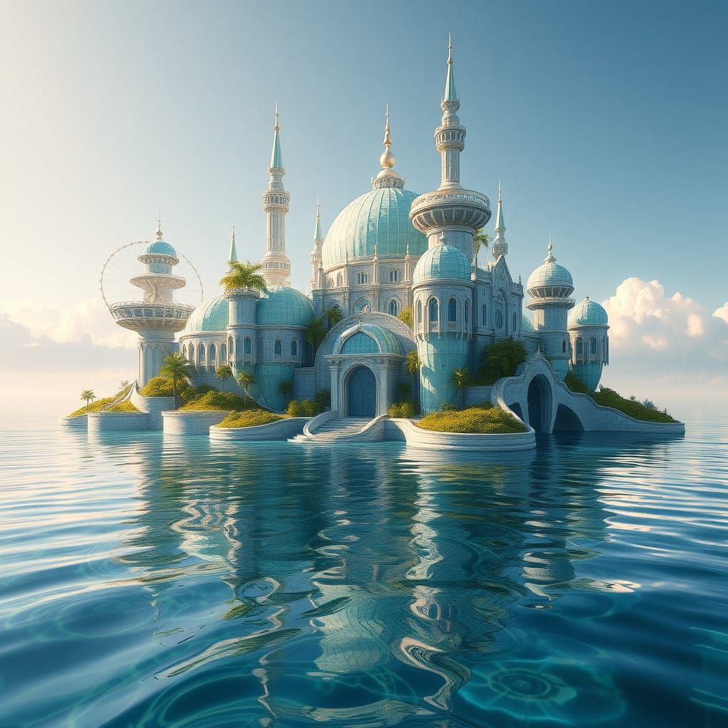 Majestic Futuristic Water Castle in Shimmering Aura