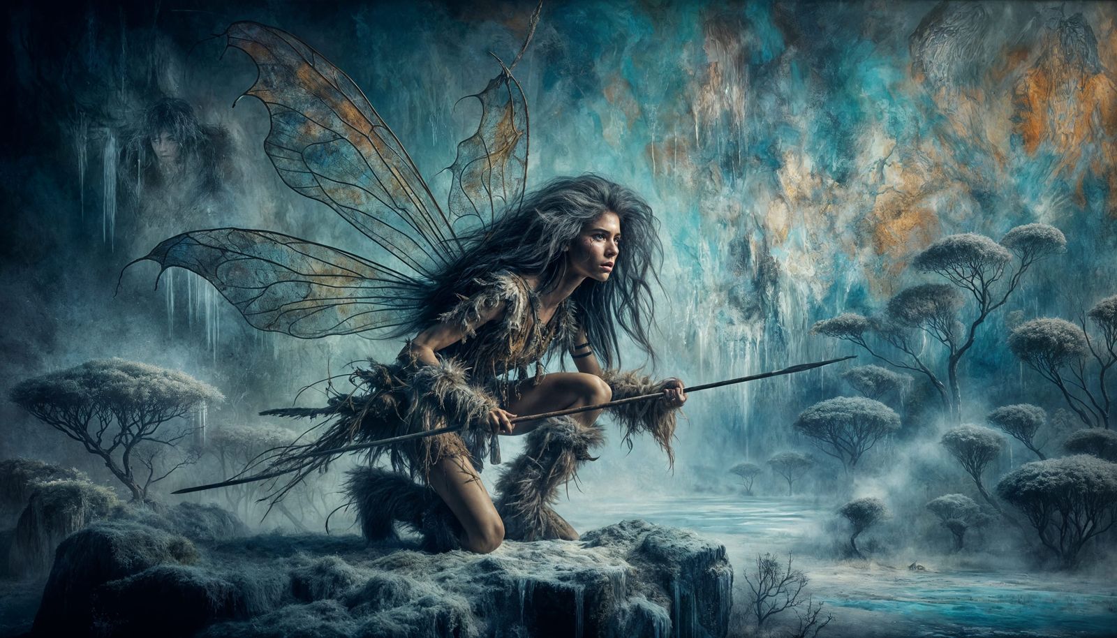 Hispanic Fairy Warrior Hunting in Encaustic Style