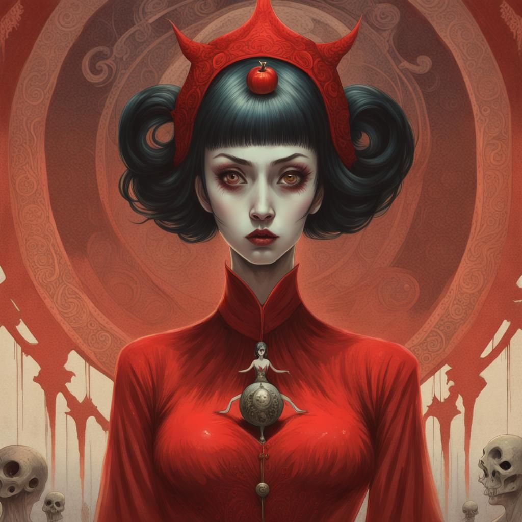 Woman in Red Dress with Evil Face, Poster Art