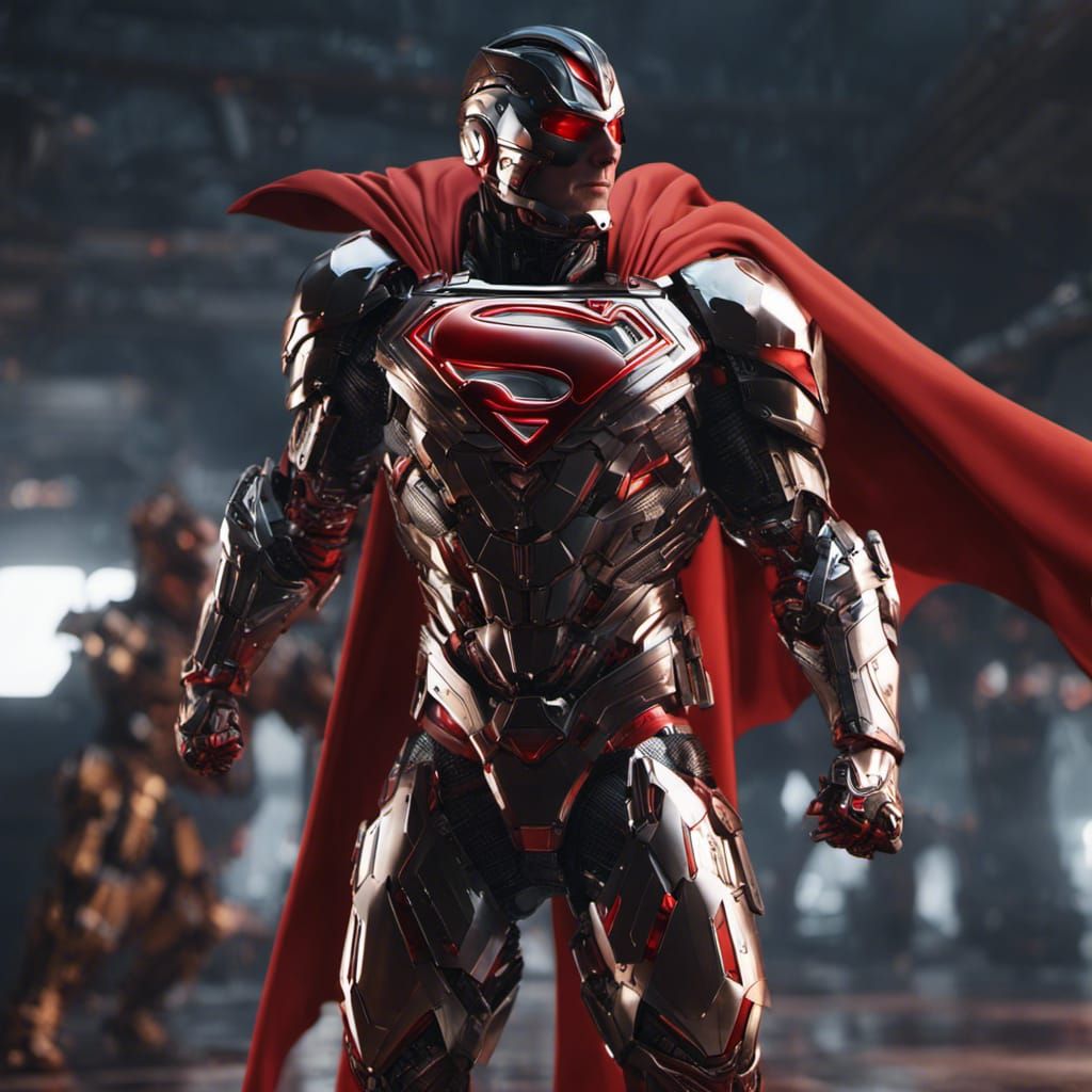 Armored Hero with Flowing Cape in Sci-Fi Scene
