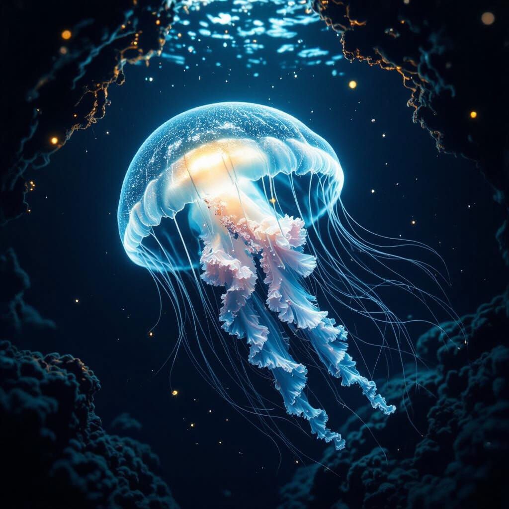 Bioluminescent Jellyfish in Deep Sea Trench