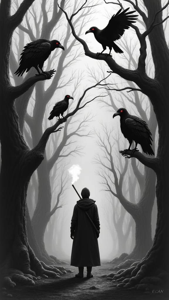 Eerie Forest: Smoker Surrounded by Vultures, in Charcoal