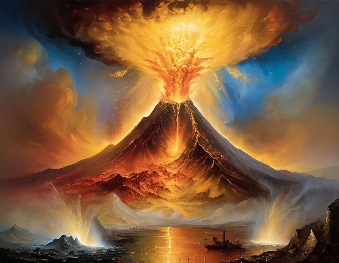 Surreal Golden Volcano Erupting Into Nebula Oil Painting