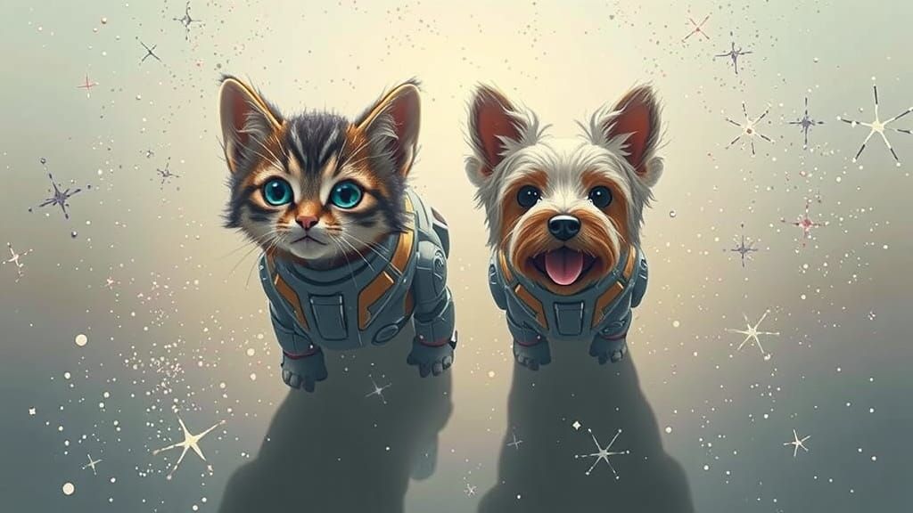 Sci-Fi Robots Carry Kitten and Dog to Cosmic Sky