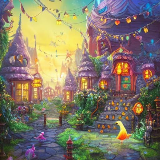 Magical Pet Kingdom Sunset Fantasy Illustration