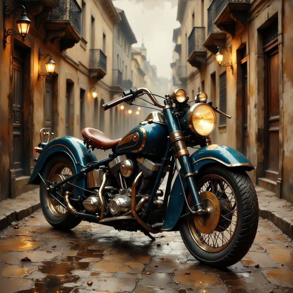 Vintage Motorcycle at Dusk, Lautrec Style