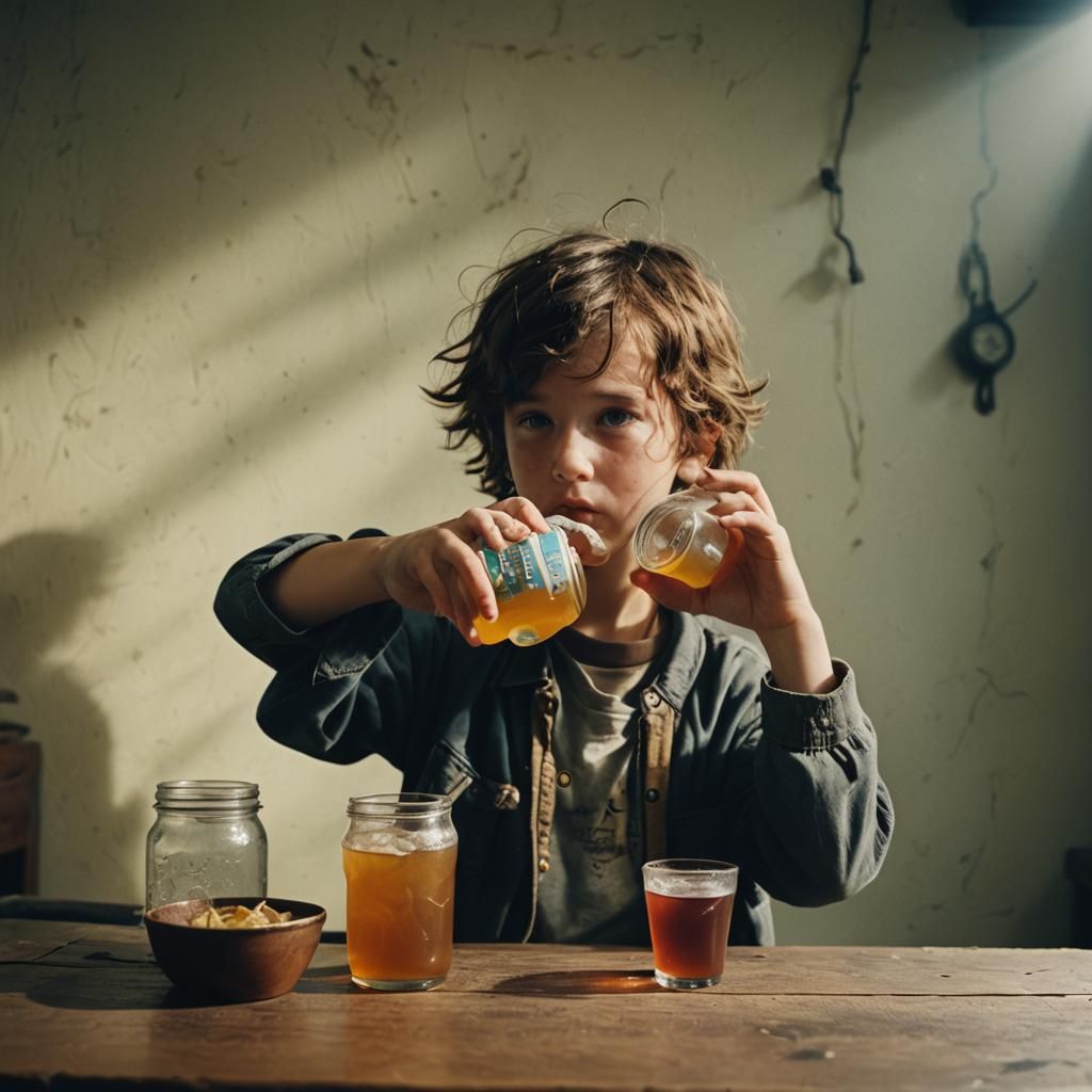 Cinematic Film Still: Boy Drinking Kombucha