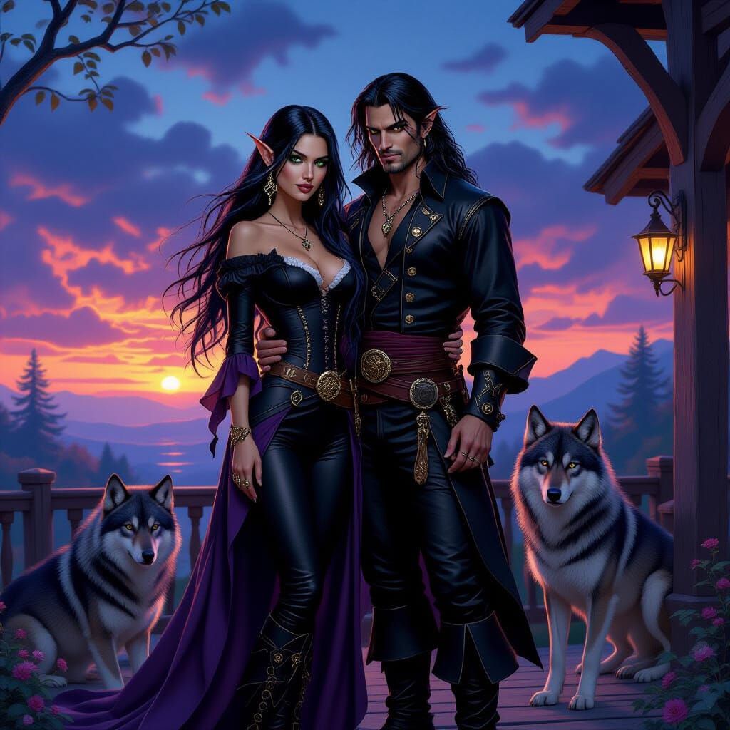 Fantasy Elven Woman and Vampire Husband with Wolves at Dusk