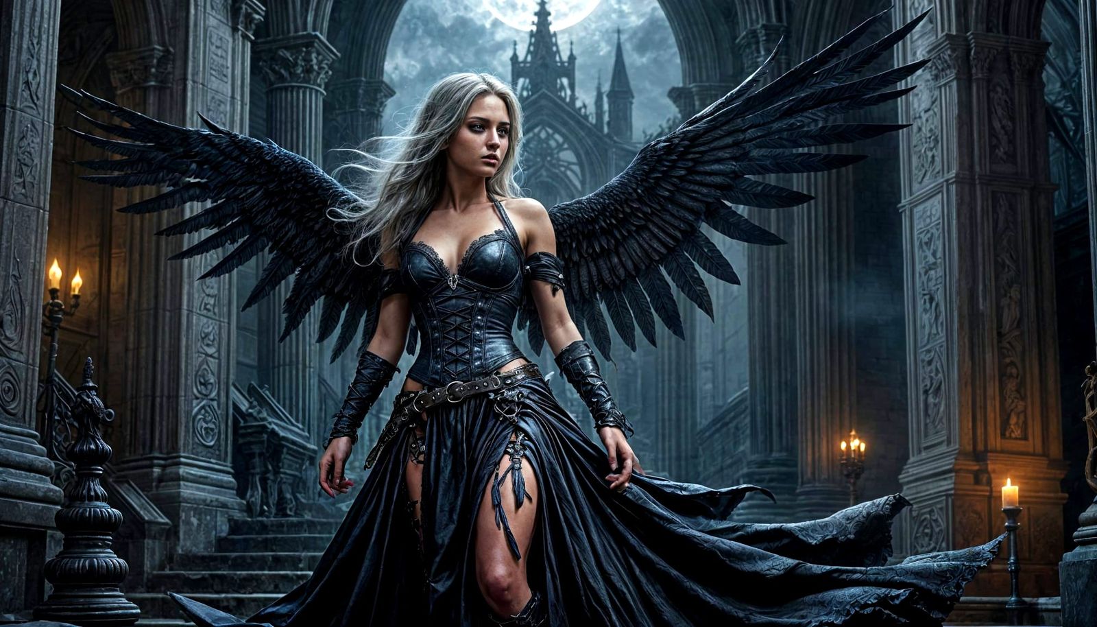 Angel-Pirate Woman Kneels in Gothic Cathedral