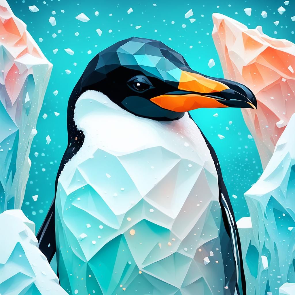 Low-Poly Penguin on Melting Iceberg in Pastel Colors