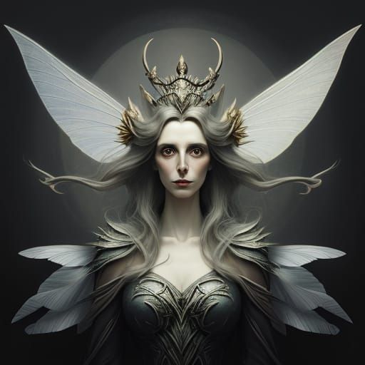 Portrait three-quarter view, WINGED FAIRY QUEEN, expressive. dreamlike lighting, Leonora Carrington, AMY JUDD