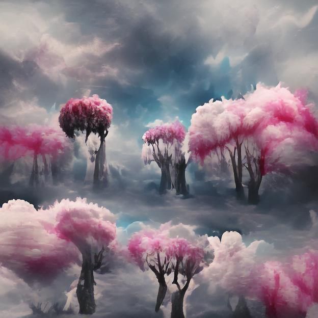 Cotton Candy Trees in Dark Forest: Matte Painting