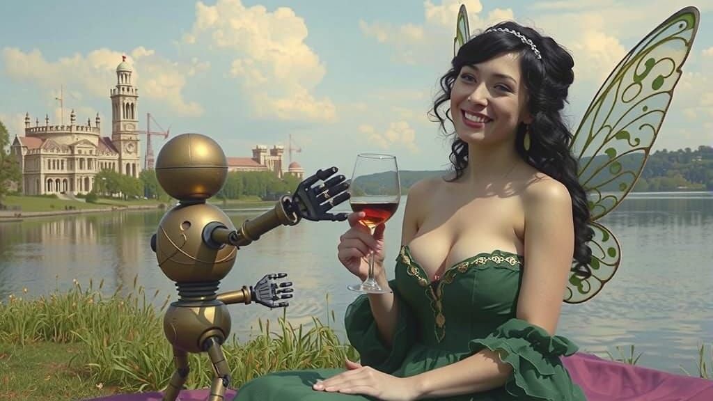 Victorian Fairy Receives Wine From Robot, Cinematic Still