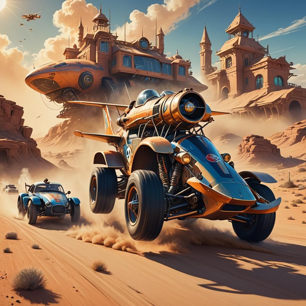 scene with cartoonish and whimsical racing cars