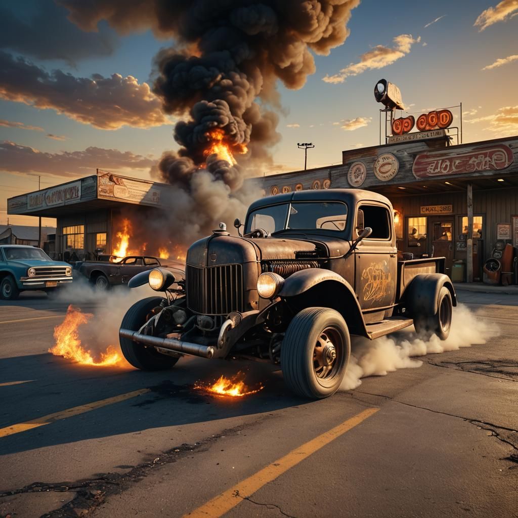 Rat Rod Truck Burnout on Deserted Highway