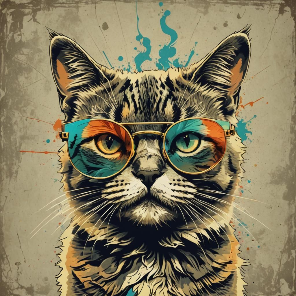 Funny Cat with Sunglasses Smoking Weed: Pop Art