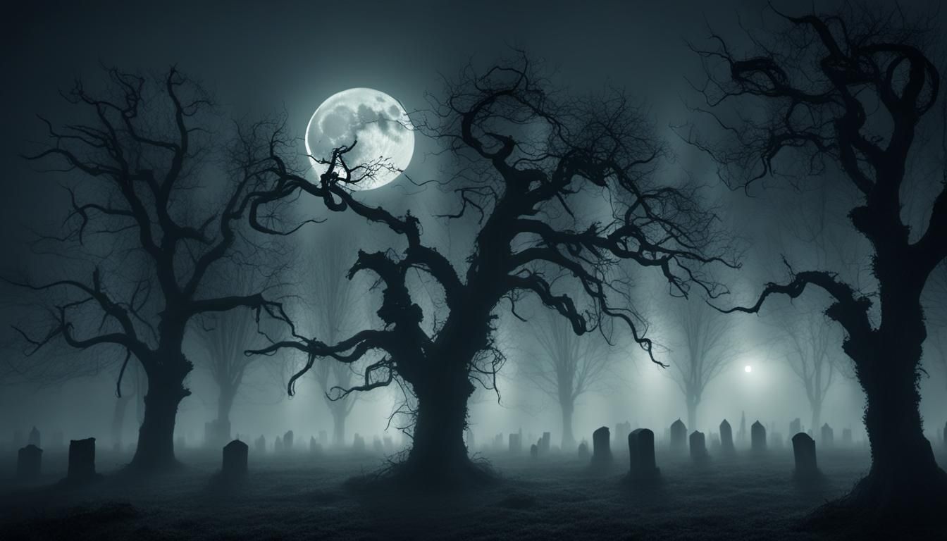 Eerie Graveyard Scene at Midnight in Thick Mist