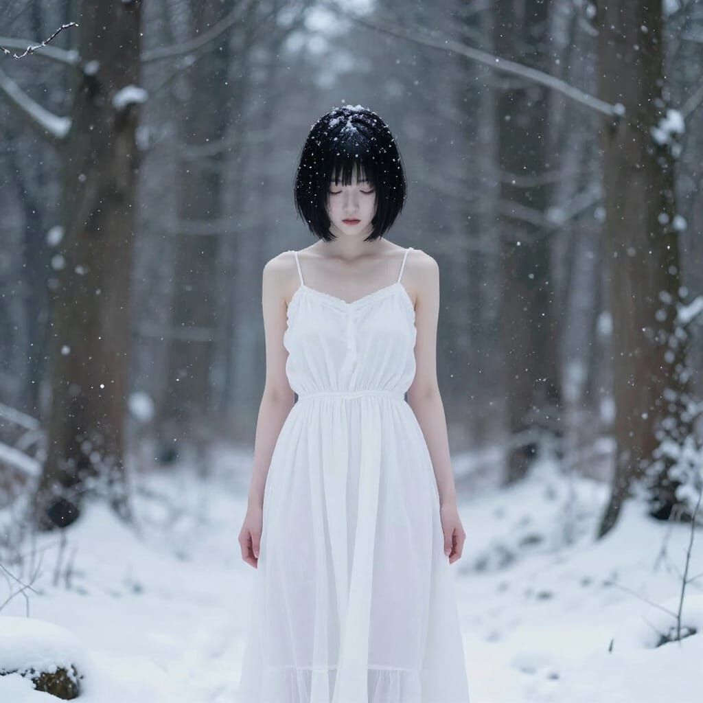 Emo Japanese Girl in White Dress Amidst Snowy Forest
