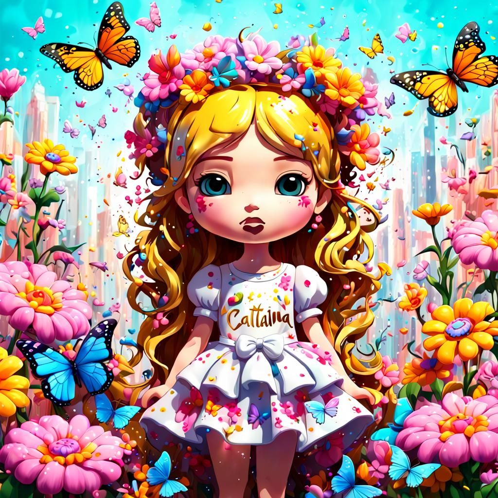 Kawaii Princess Surrounded by Flowers in Graffiti Style