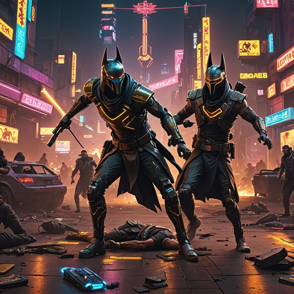 Cyberpunk Horus and Anubis vs Set in Neon City