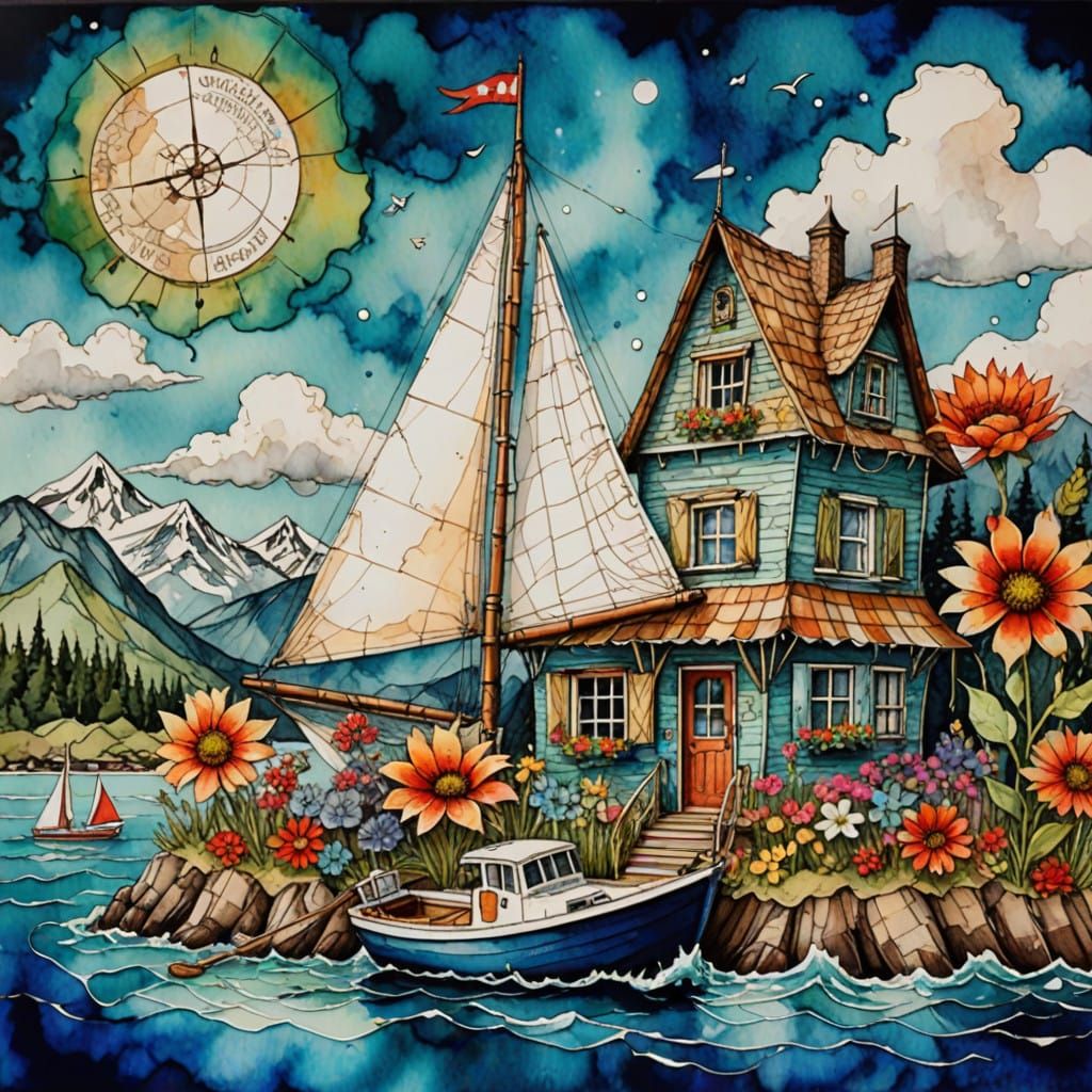 Surreal Sailboat Houseboat Masterpiece in Mixed Media