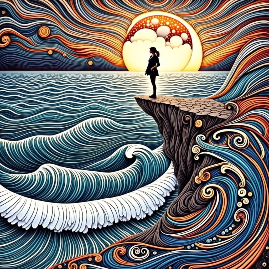 Zentangled Woman Contemplates Stormy Sky at Cliff Edge