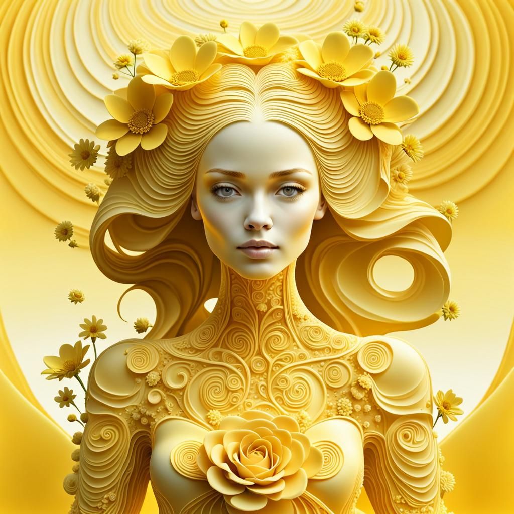 Yellow Humanoid Woman in Floral Birthday Cake