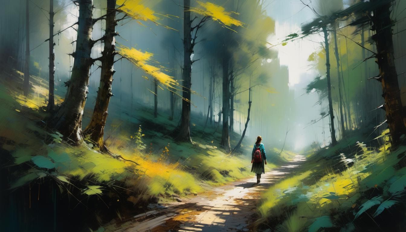 Woman Walks Forest Trail in Detailed Matte Painting