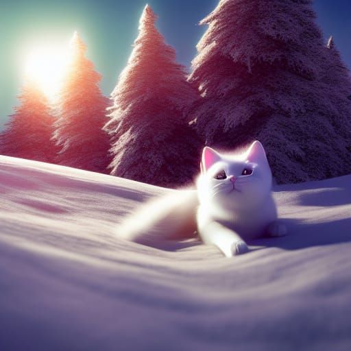 Camouflaged White Cat in Snowy Landscape