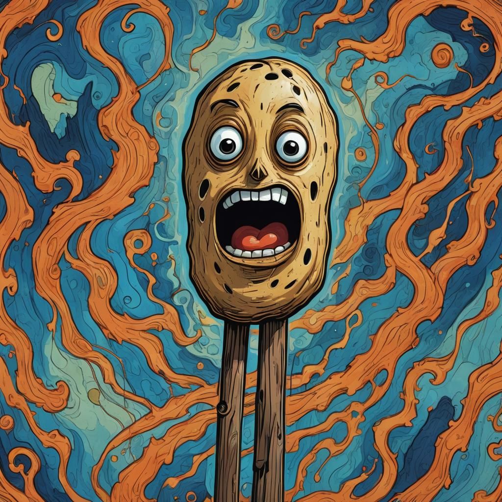 Screaming Anthropomorphic Potato on a Bridge in Expressionis...