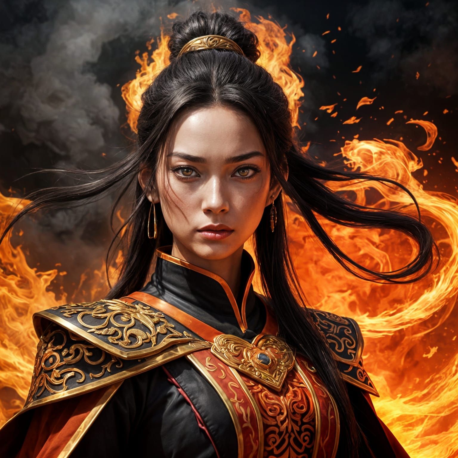 Semi-Realistic Portrait of Fierce Female Fire Mage in Fiery ...