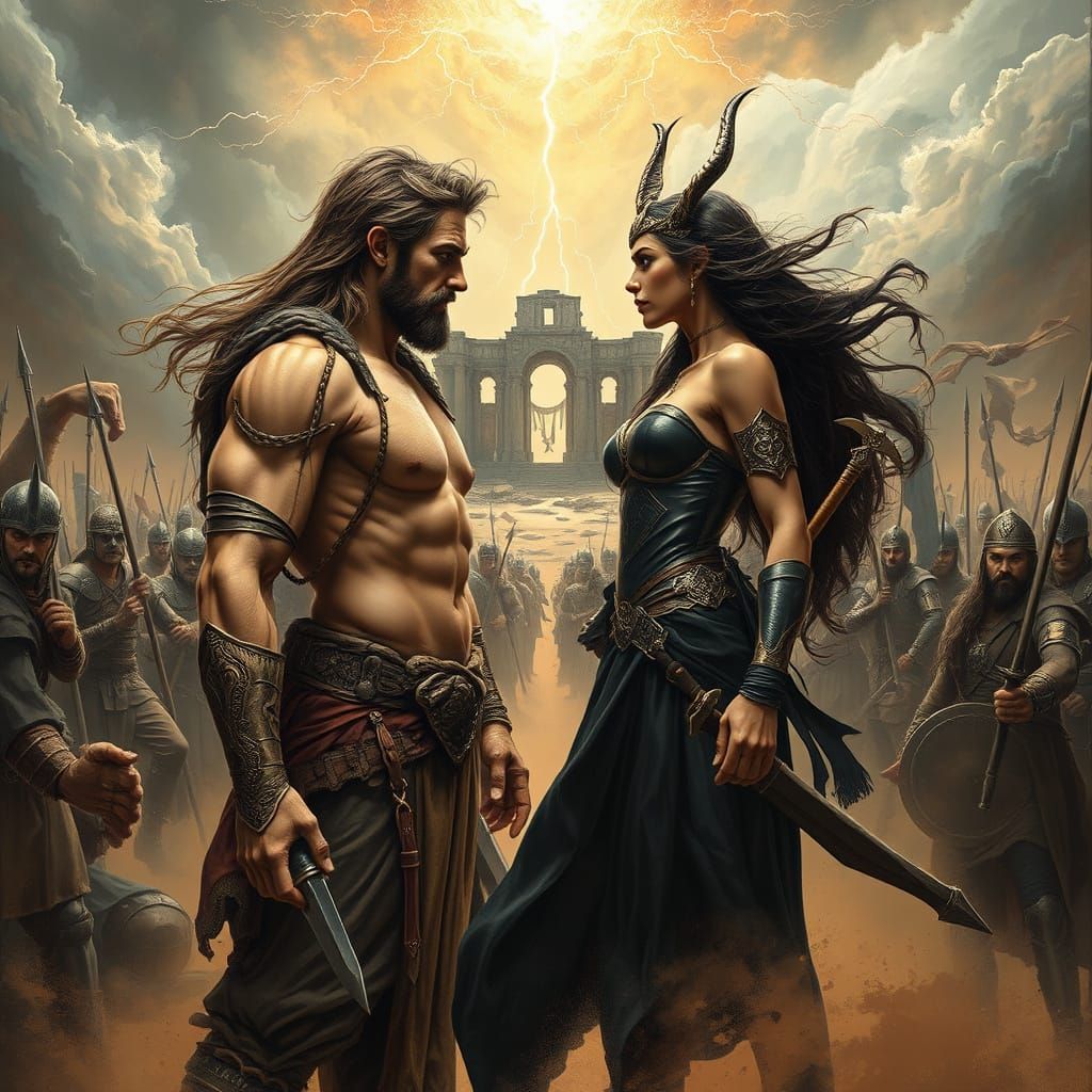Epic Dark Fantasy: Adam and Lilith Confront in Vast Battle
