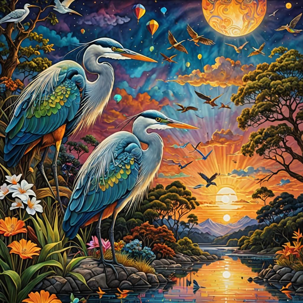 Ethereal Heron Kite Flight at Sunset