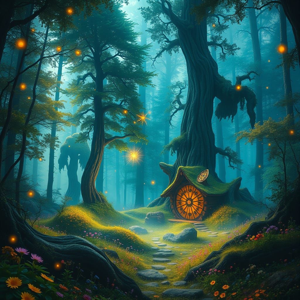 Enchanted Fairy Circle in Vibrant Forest: Digital Matte Pain...