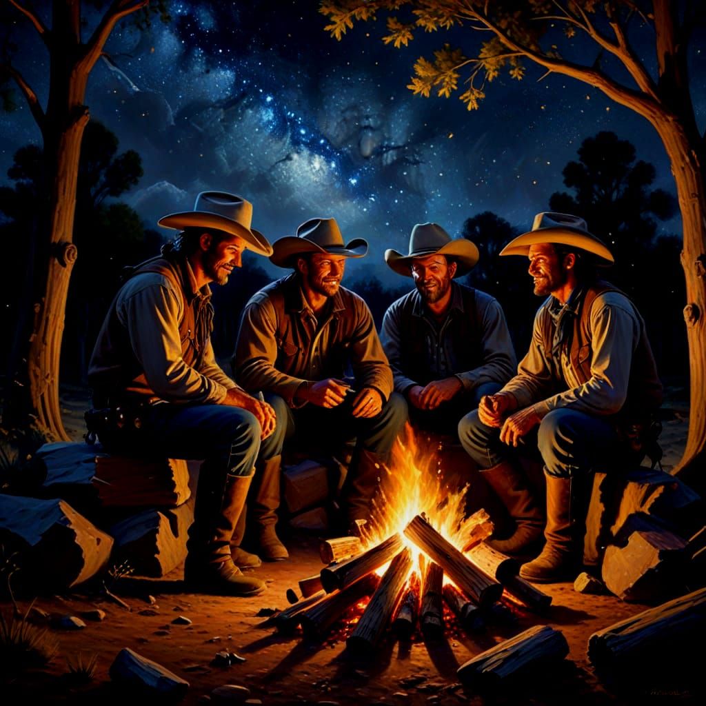 Cowboys Share Stories by Campfire Under Starry Sky