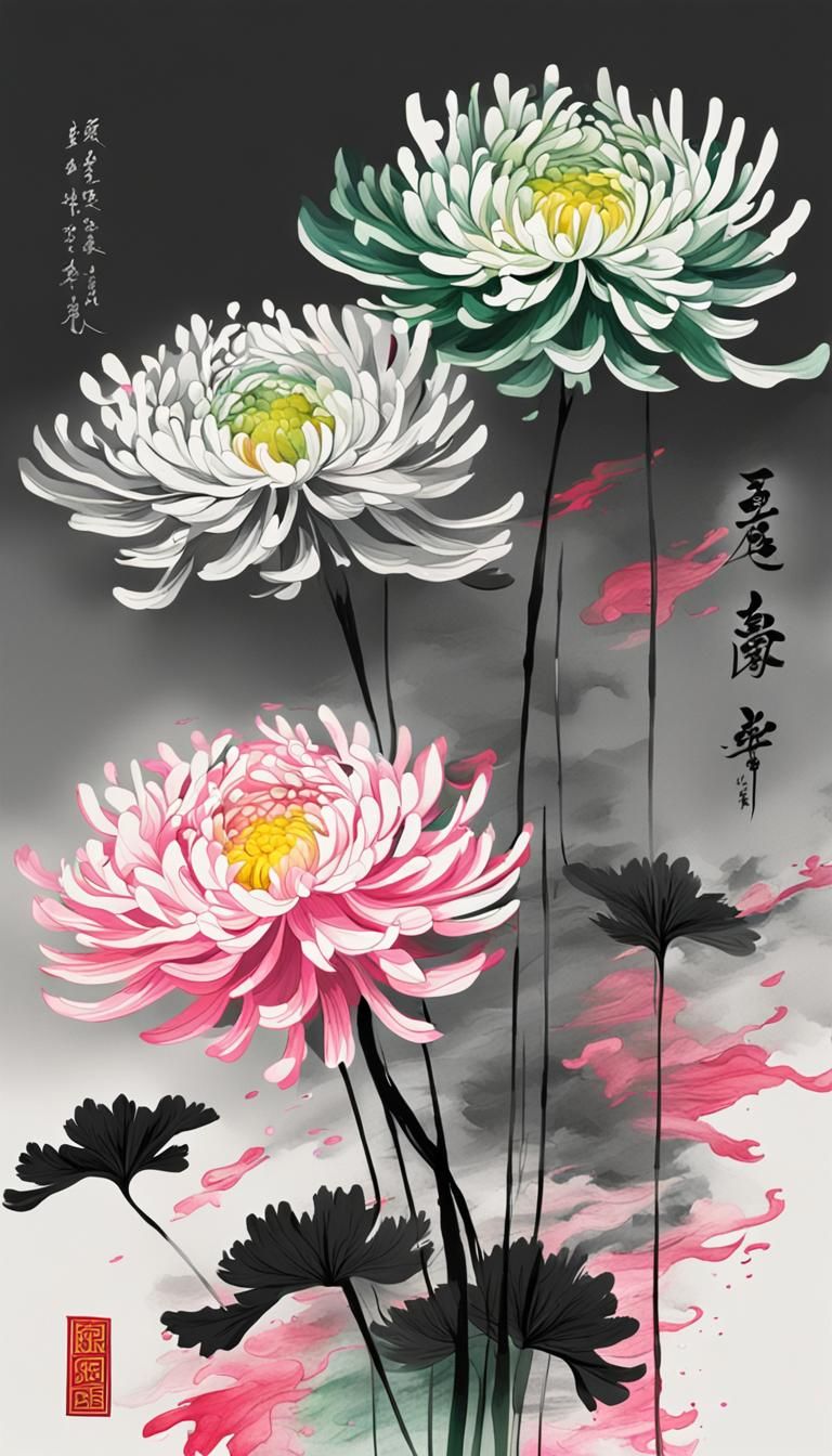 Chrysanthemum Greeting Card in Classic Oriental Art Style