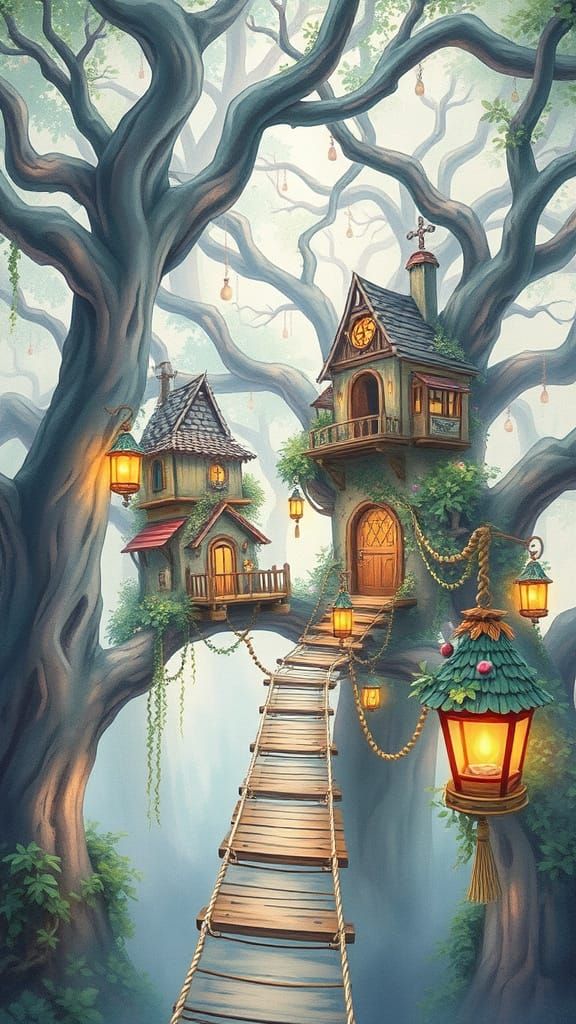Whimsical Treehouse Village in Watercolor Style