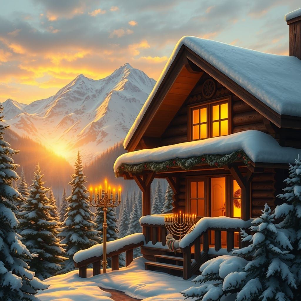 Cozy Winter Cabin Scene with Chanukiah