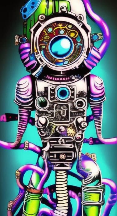 "" female astronaut" vivid psychedelic colours hyperdetailed steampunk core steampunk engine"