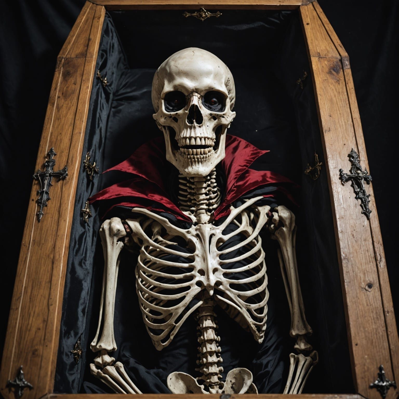 Surreal Vampire Skeleton Lays in a Dark Coffin