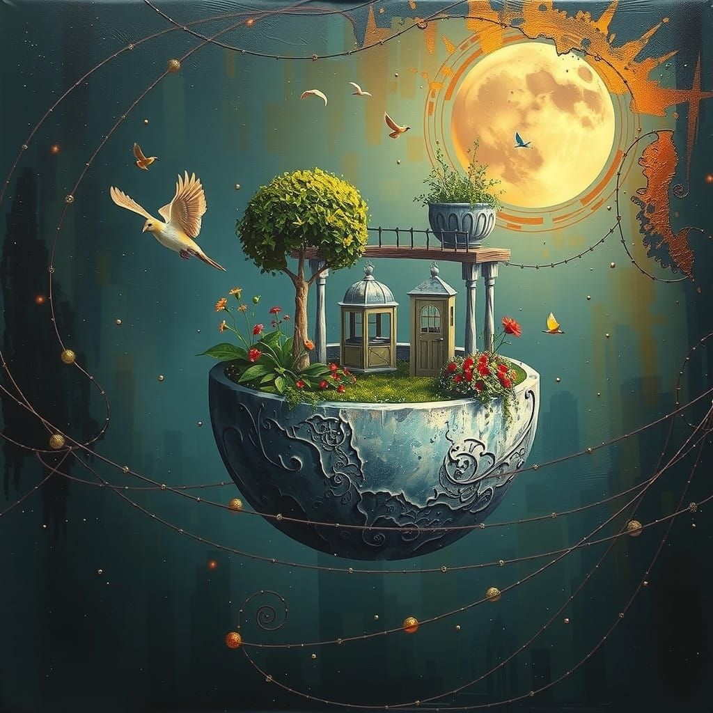 Whimsical Miniature Garden Planet in Vibrant Oil Paints with...