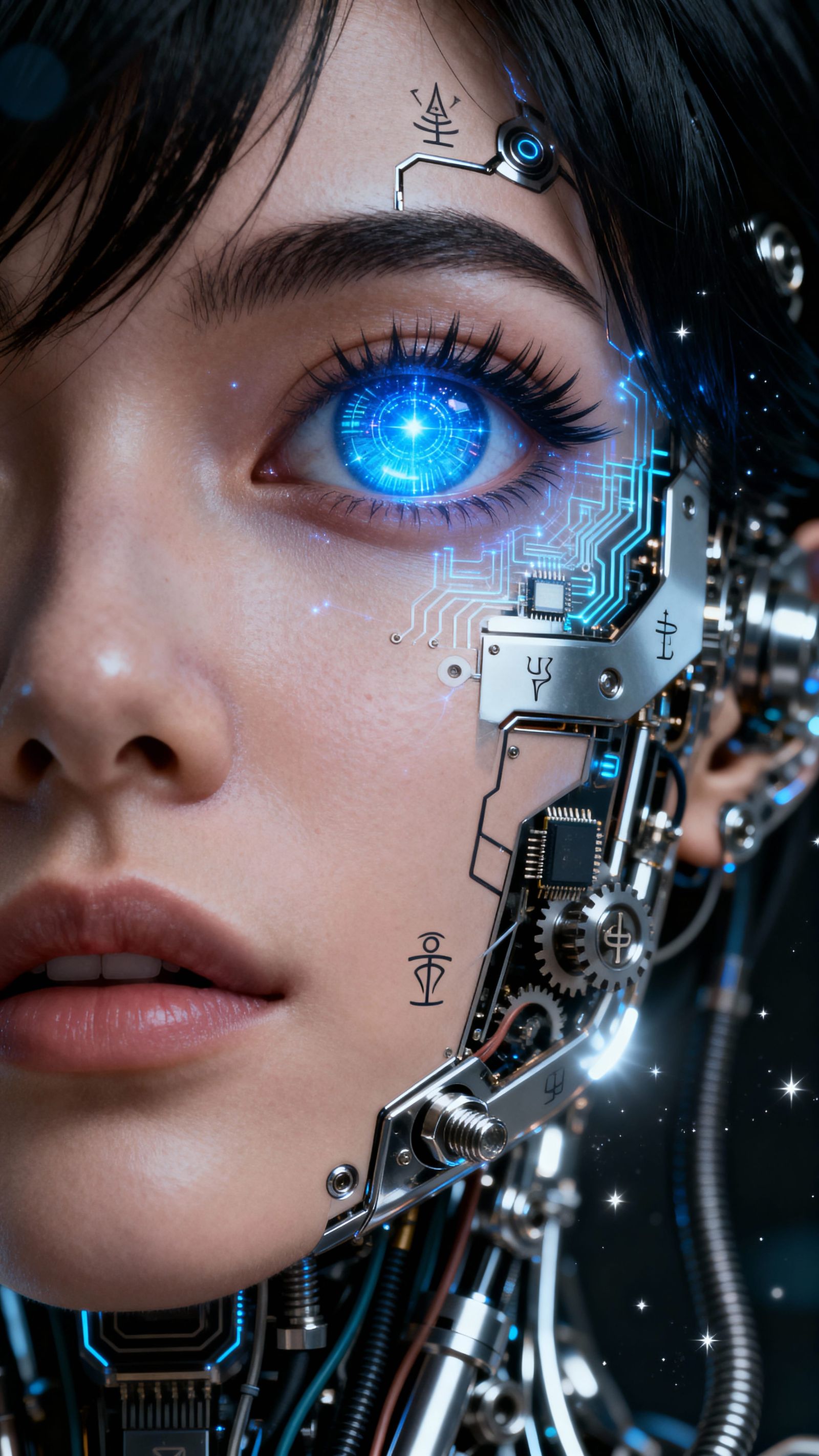 Cybernetic Face Close-Up with Radiant Blue Eye