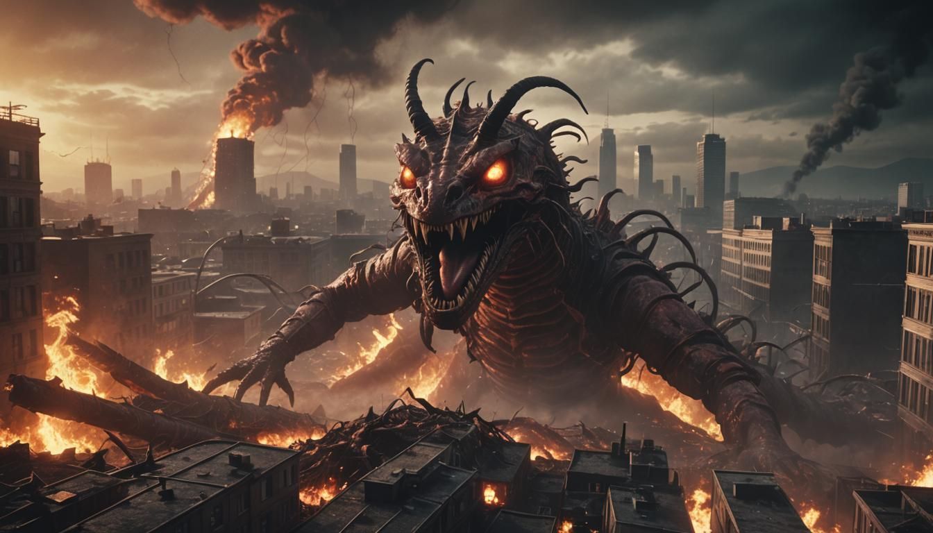 Giant Worm Demon Attack in Apocalyptic Cityscape