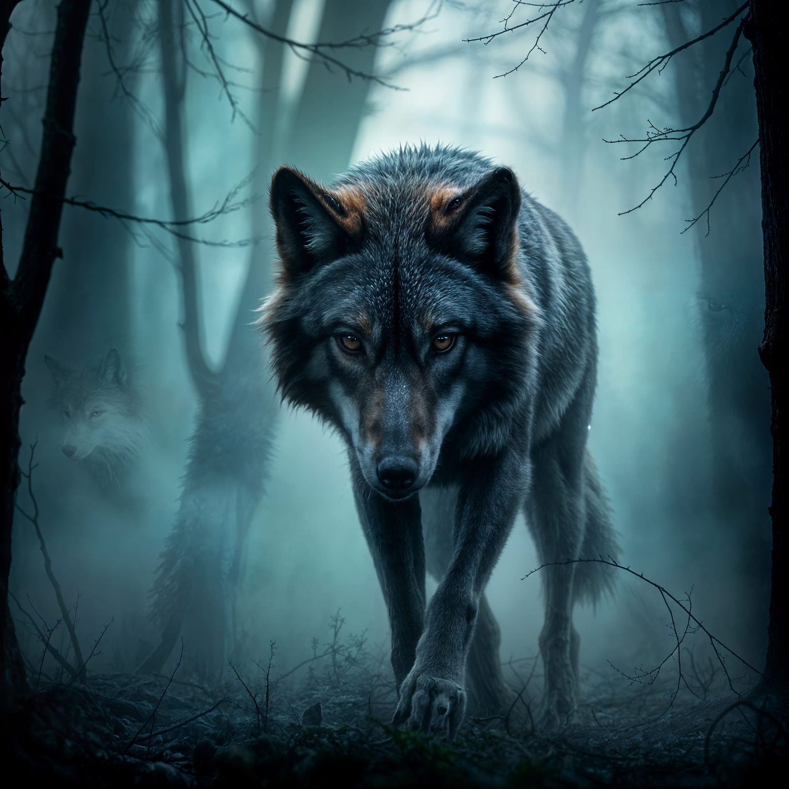 Ethereal Wolf in Misty Enchanted Forest