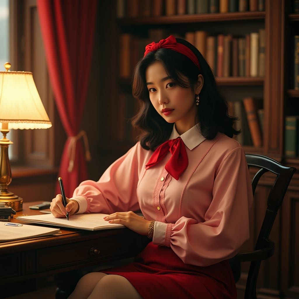 Confident Korean Author Researches in Elegant Library at Sun...